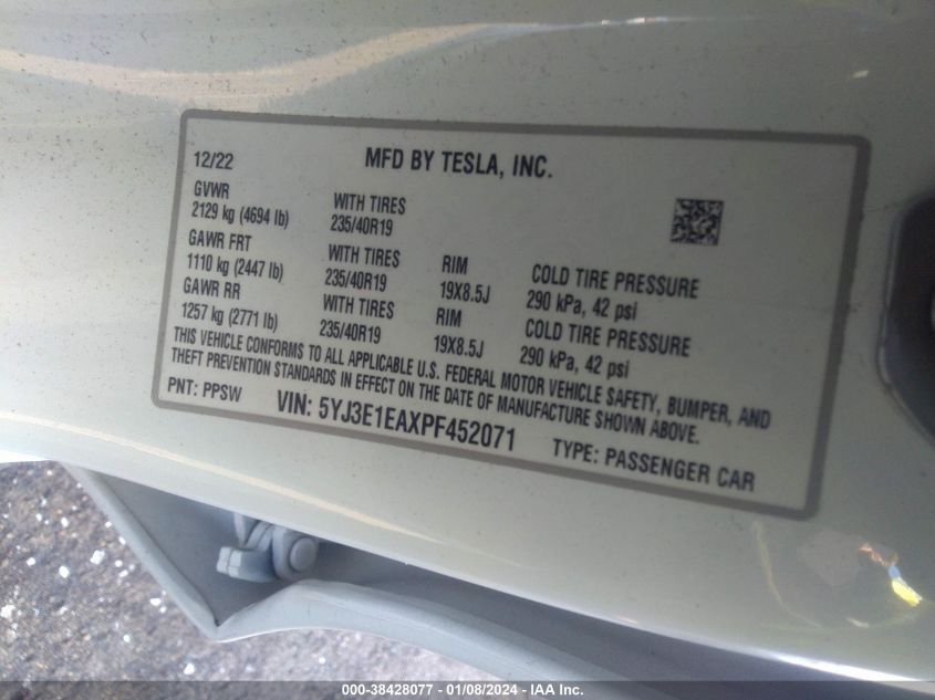 5YJ3E1EAXPF452071 | 2023 TESLA MODEL 3