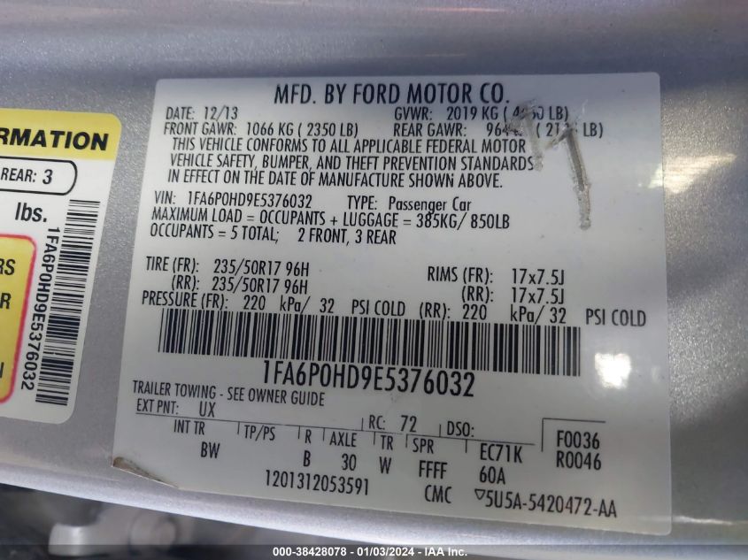 2014 FORD FUSION SE - 1FA6P0HD9E5376032