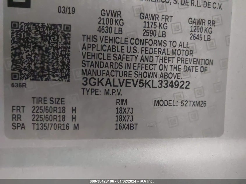 VIN 3GKALVEV5KL334922 2019 GMC TERRAIN SLT
