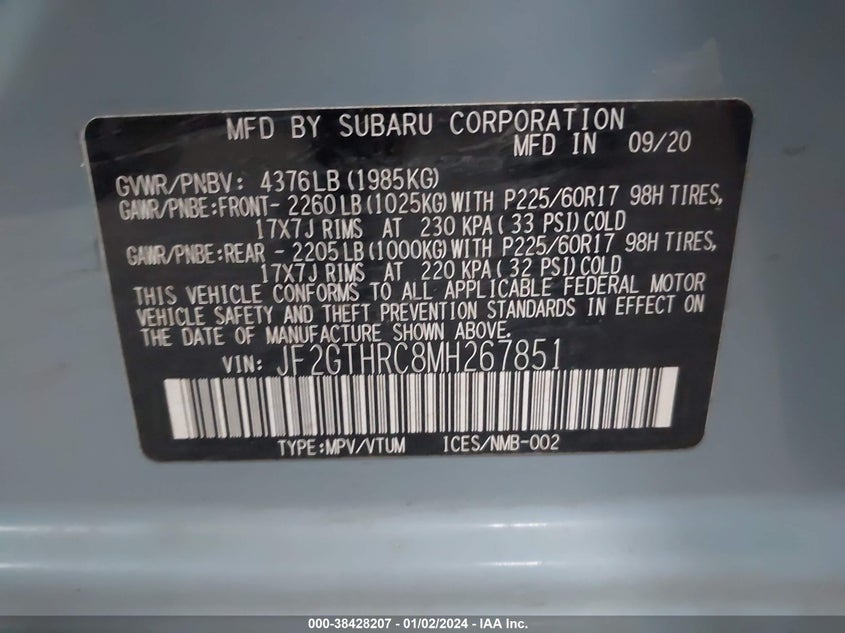 VIN JF2GTHRC8MH267851 2021 SUBARU CROSSTREK SPORT