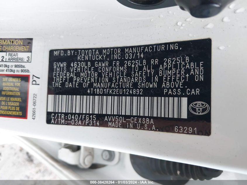 2014 TOYOTA CAMRY HYBRID SE LIMITED EDITION - 4T1BD1FK2EU124892