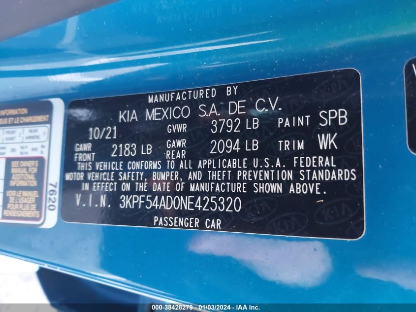 2022 KIA FORTE GT LINE - 3KPF54AD0NE425320