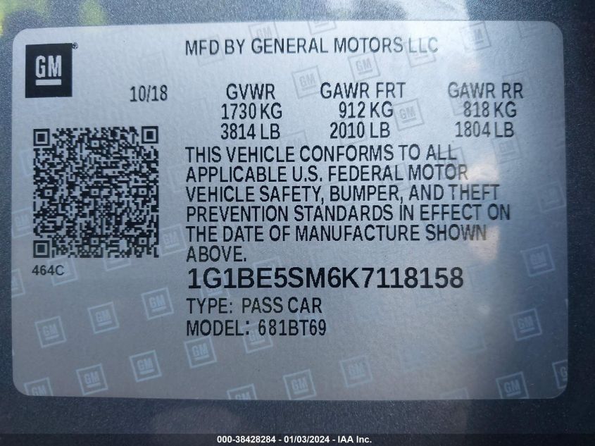 2019 CHEVROLET CRUZE LT - 1G1BE5SM6K7118158
