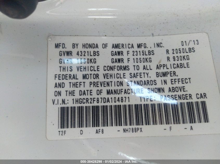 2013 HONDA ACCORD EXL - 1HGCR2F87DA104871