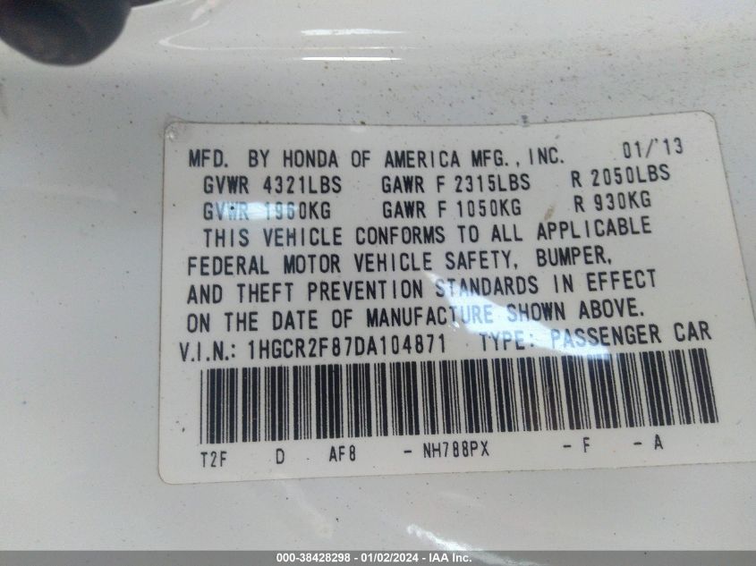 1HGCR2F87DA104871 | 2013 HONDA ACCORD