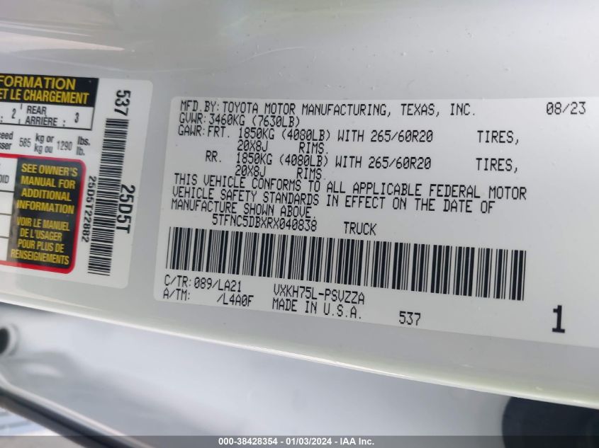 2024 TOYOTA TUNDRA HYBRID PLATINUM - 5TFNC5DBXRX040838