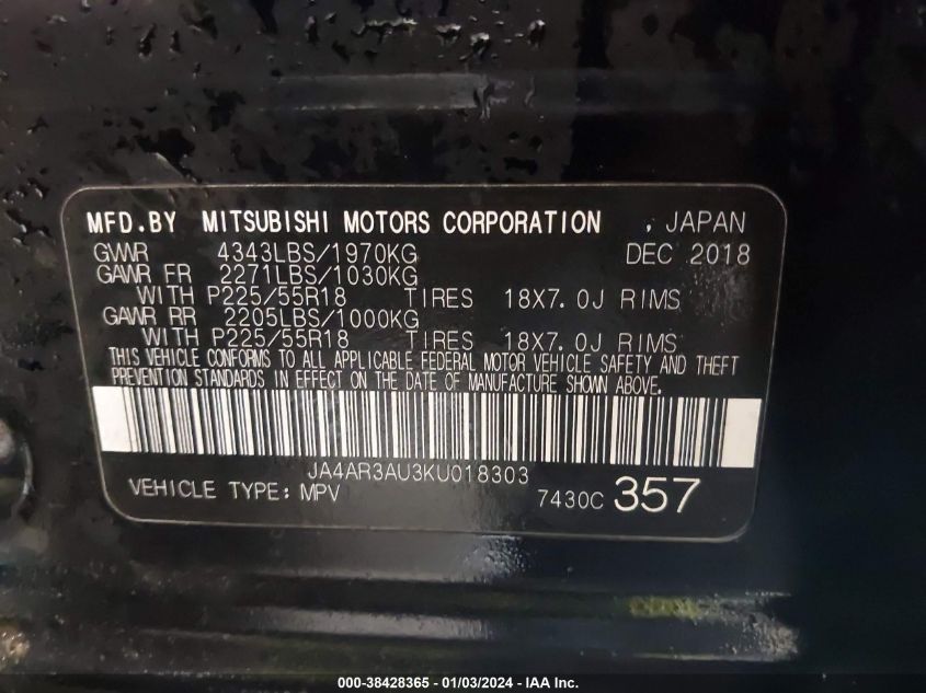2019 MITSUBISHI OUTLANDER SPORT ES/SE/LE/SP - JA4AR3AU3KU018303
