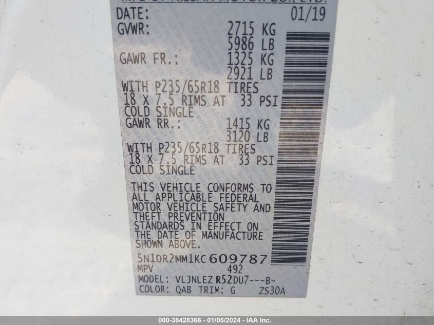 2019 NISSAN PATHFINDER SV - 5N1DR2MM1KC609787