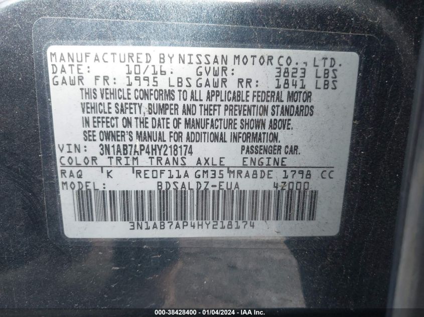 2017 NISSAN SENTRA S/SV/SR/SL - 3N1AB7AP4HY218174