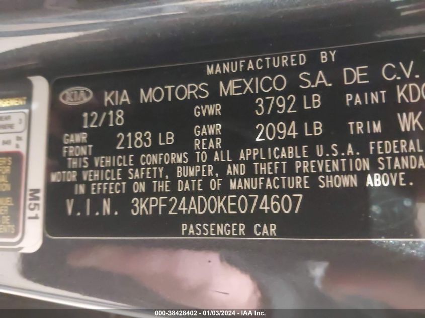 2019 KIA FORTE LXS - 3KPF24AD0KE074607
