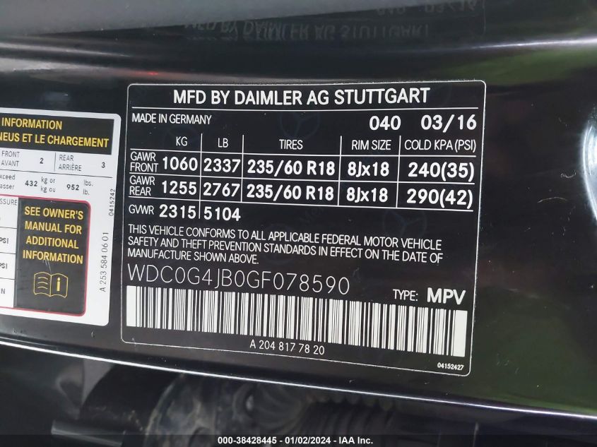 2016 MERCEDES-BENZ GLC 300 - WDC0G4JB0GF078590