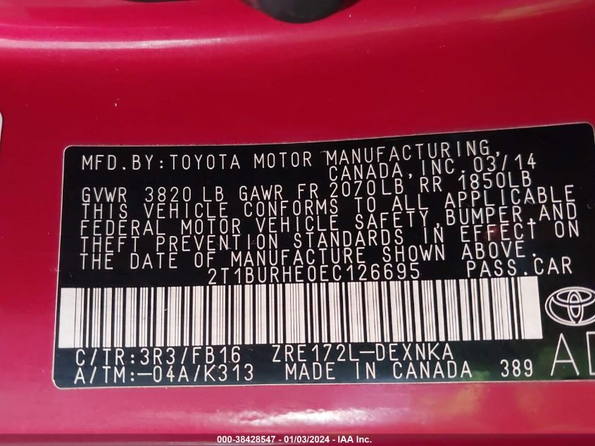 2014 TOYOTA COROLLA LE - 2T1BURHE0EC126695