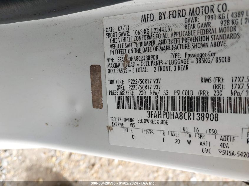 3FAHP0HA8CR138908 | 2012 FORD FUSION