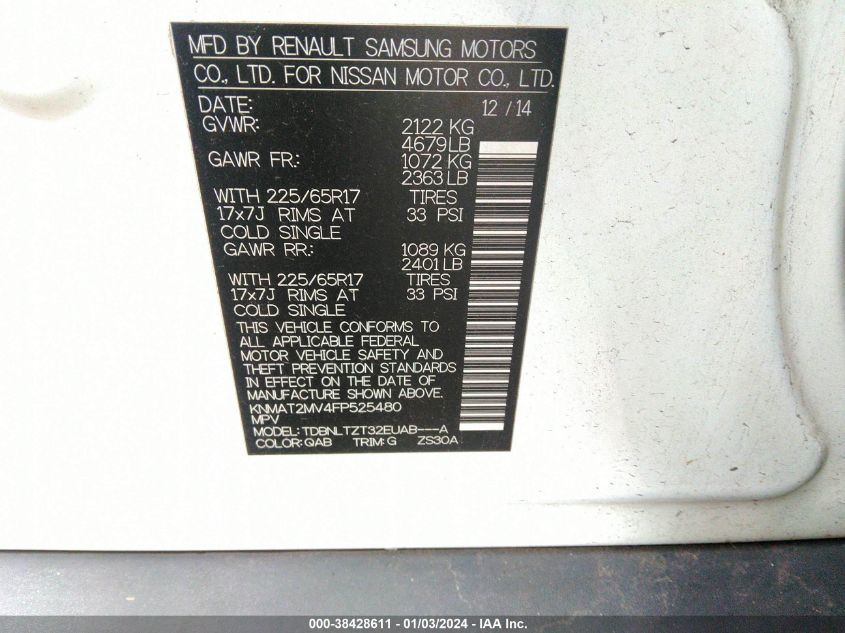 2015 NISSAN ROGUE S/SL/SV - KNMAT2MV4FP525480