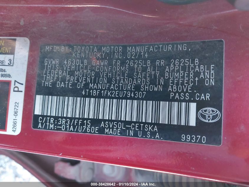 2014 TOYOTA CAMRY L/SE/LE/XLE - 4T1BF1FK2EU794307