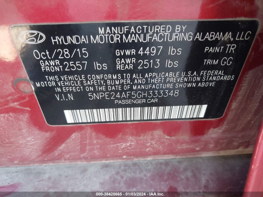 5NPE24AF5GH333348 | 2016 HYUNDAI SONATA