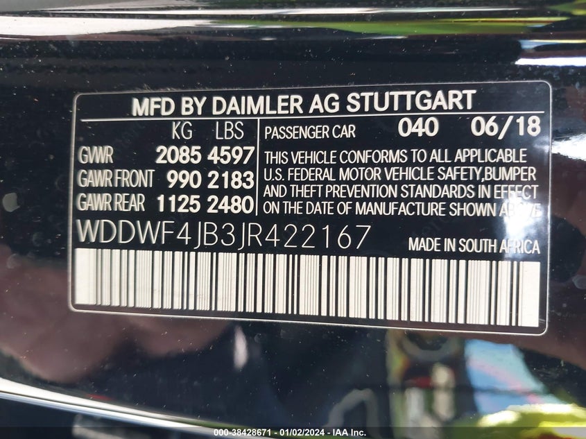 VIN WDDWF4JB3JR422167 2018 MERCEDES-BENZ C 300 300
