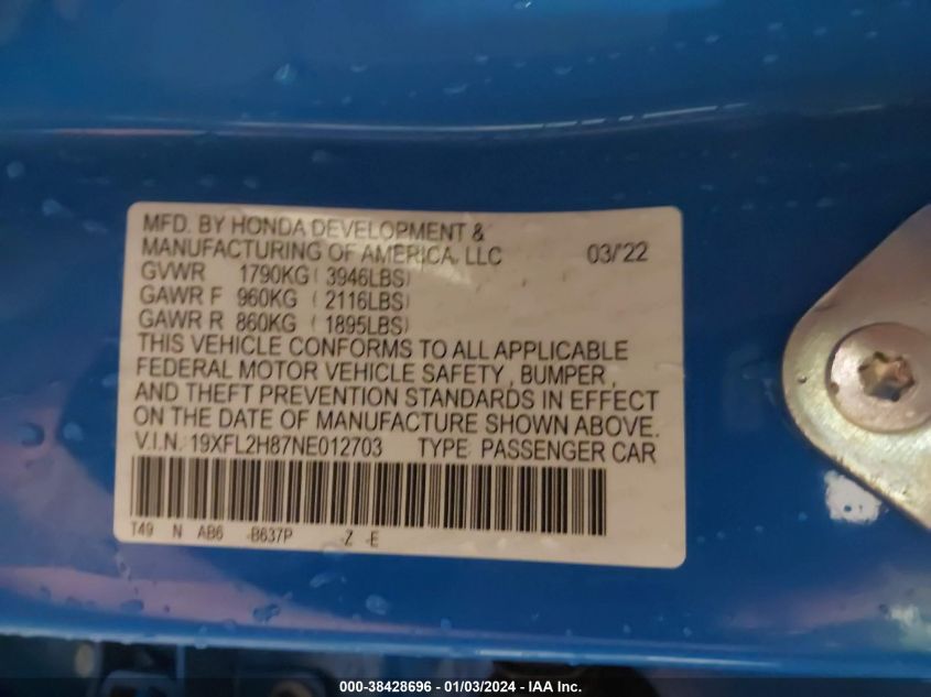 2022 HONDA CIVIC SPORT - 19XFL2H87NE012703