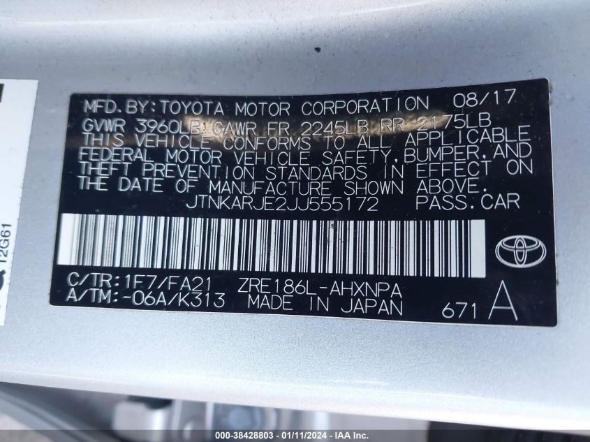 2018 TOYOTA COROLLA IM - JTNKARJE2JJ555172