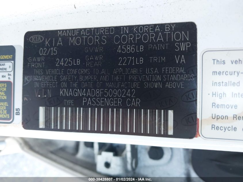 2015 KIA OPTIMA HYBRID EX - KNAGN4AD8F5090242