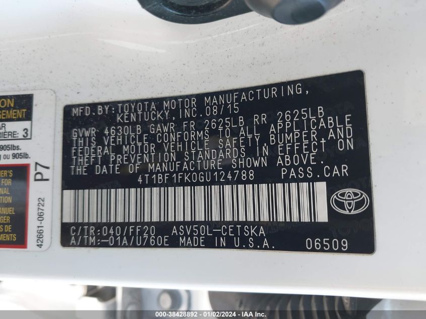 2016 TOYOTA CAMRY SE - 4T1BF1FK0GU124788