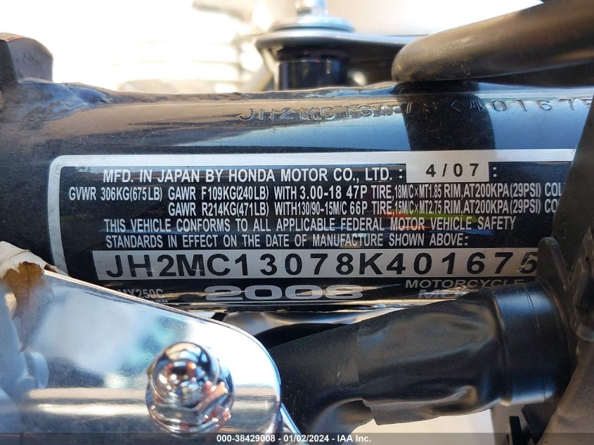 2008 HONDA CMX250 C JH2MC13078K401675