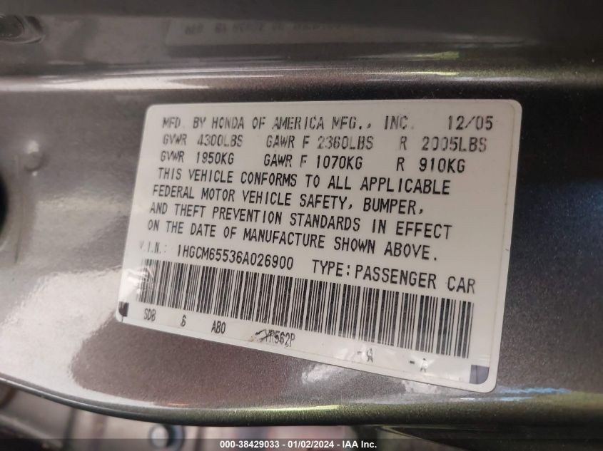 1HGCM65536A026900 | 2006 HONDA ACCORD