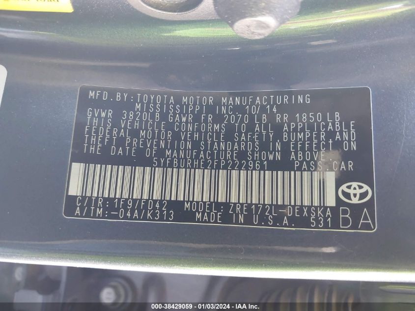 2015 TOYOTA COROLLA S PLUS - 5YFBURHE2FP222961