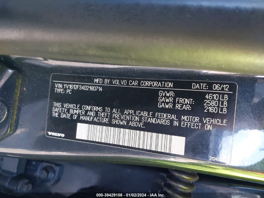 2013 VOLVO S60 T5/T5 PLATINUM/T5 PREMIER/T5 PREMIER PLUS - YV1612FS4D2180714