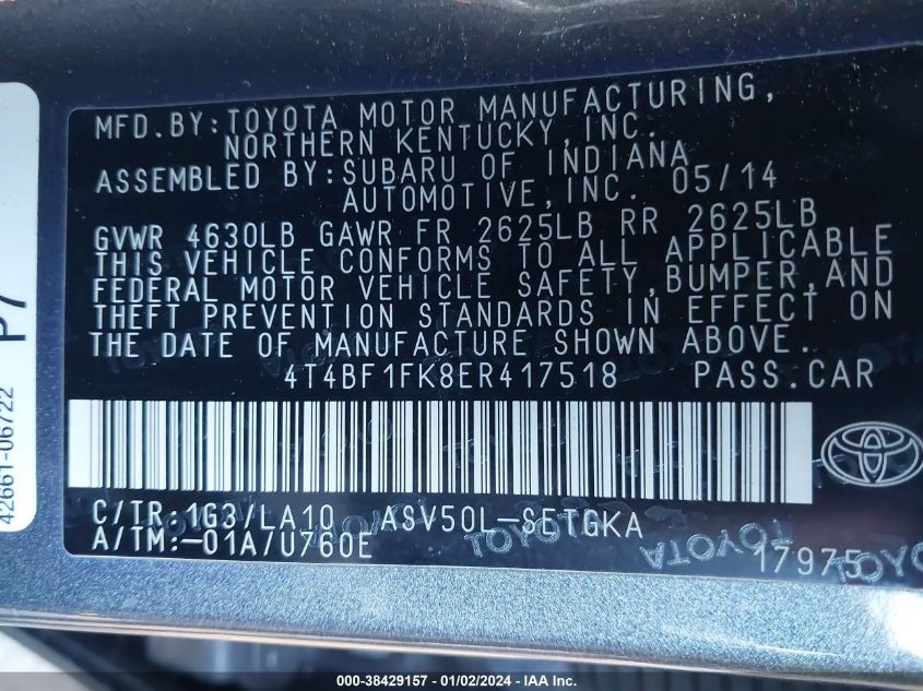 2014 TOYOTA CAMRY XLE - 4T4BF1FK8ER417518