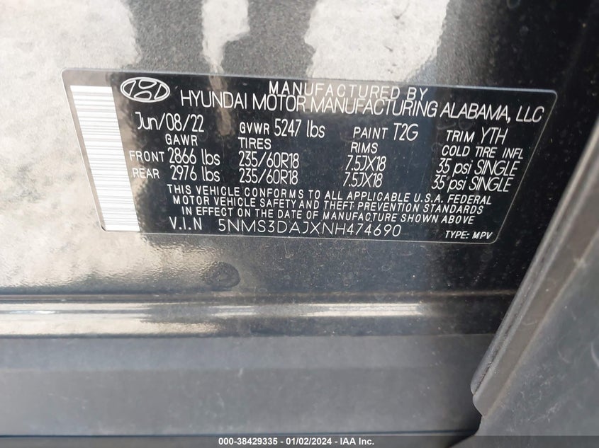 VIN 5NMS3DAJXNH474690 2022 HYUNDAI SANTA FE SEL