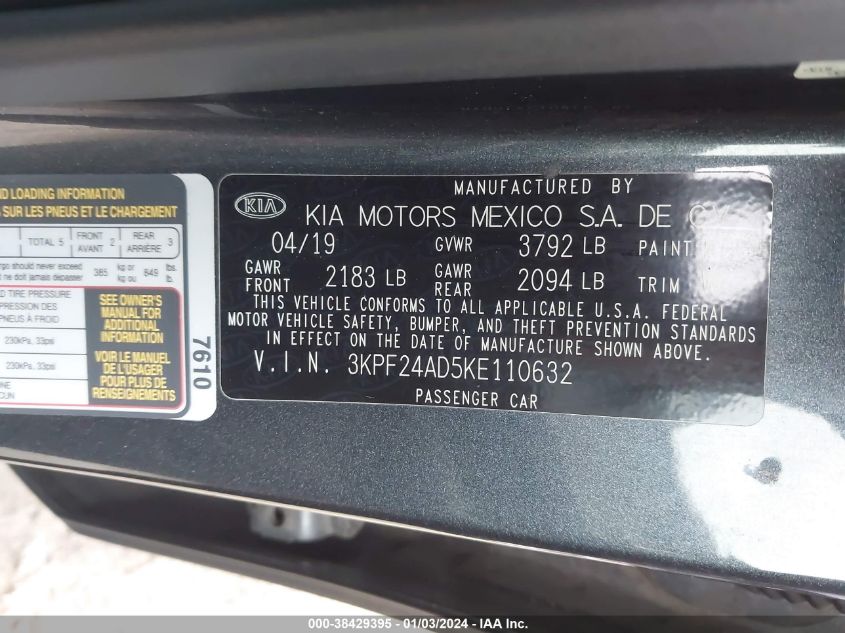 2019 KIA FORTE FE/LX/LXS - 3KPF24AD5KE110632