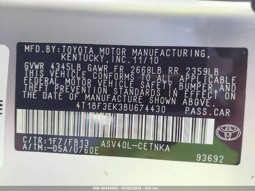 4T1BF3EK3BU674430 | 2011 TOYOTA CAMRY