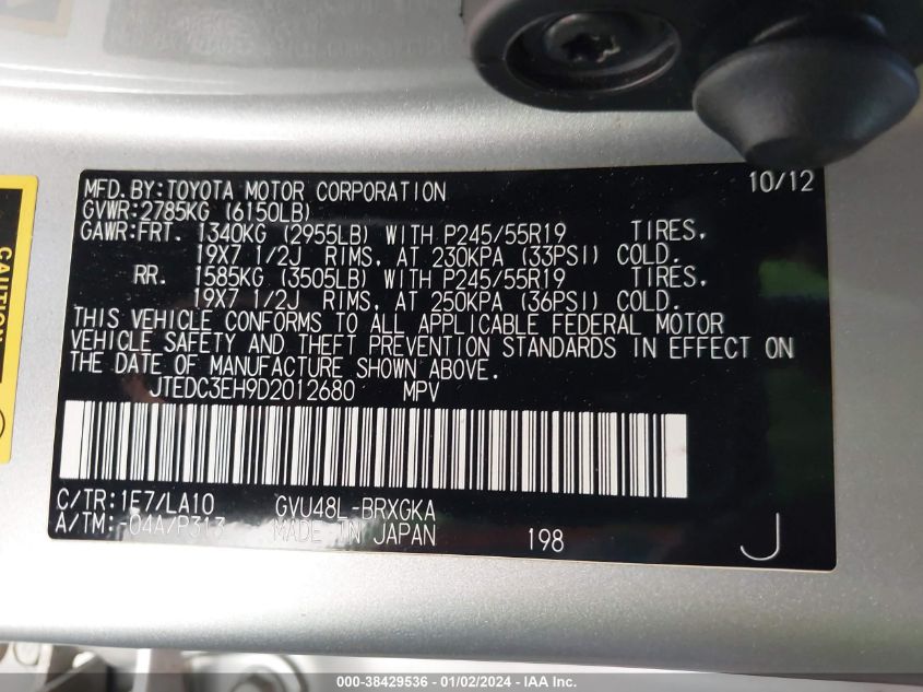 2013 TOYOTA HIGHLANDER HYBRID LIMITED V6 JTEDC3EH9D2012680