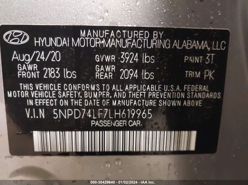 2020 HYUNDAI ELANTRA SE - 5NPD74LF7LH619965