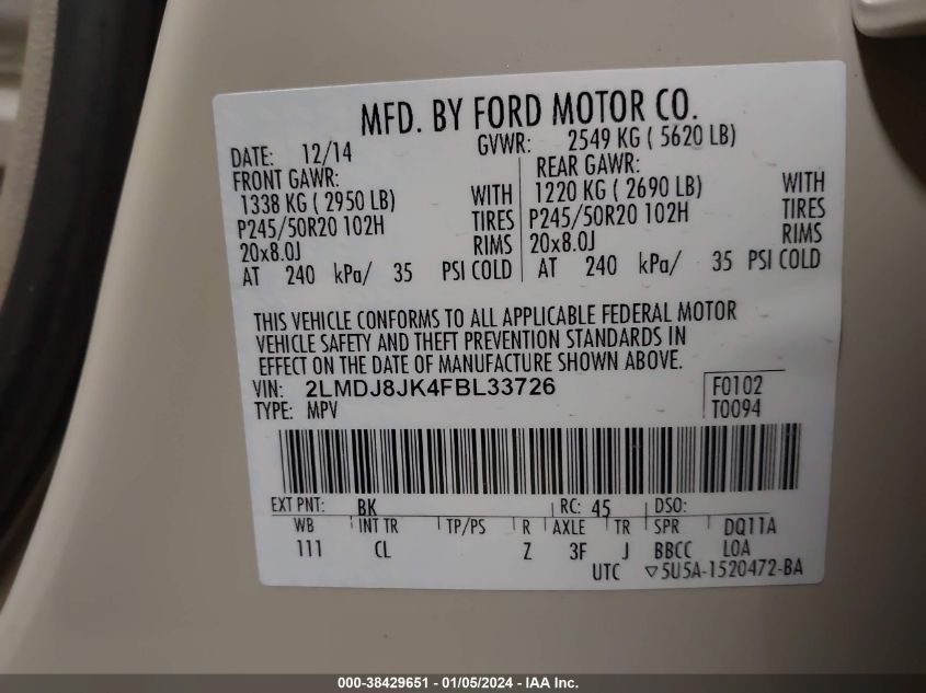 2015 LINCOLN MKX - 2LMDJ8JK4FBL33726