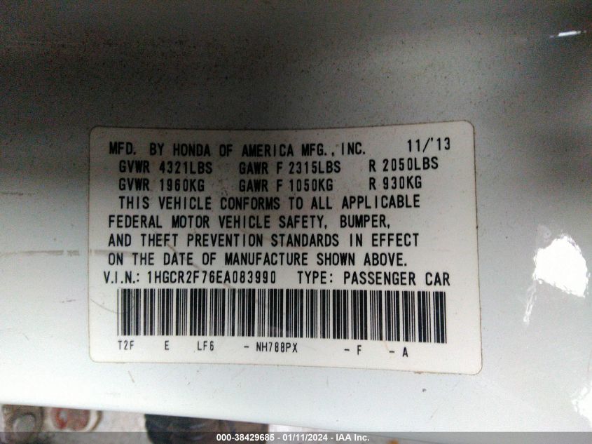 2014 HONDA ACCORD EX - 1HGCR2F76EA083990
