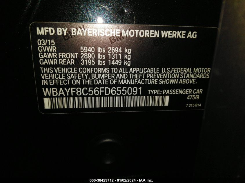 2015 BMW 750LI XDRIVE WBAYF8C56FD655091