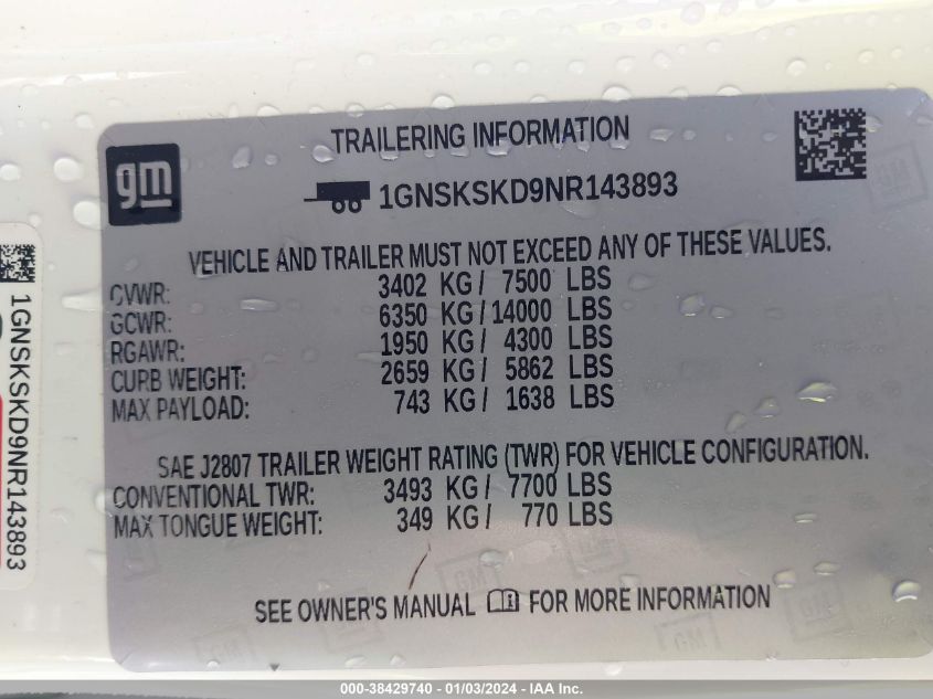 2022 CHEVROLET TAHOE K1500 PREMIER - 1GNSKSKD9NR143893