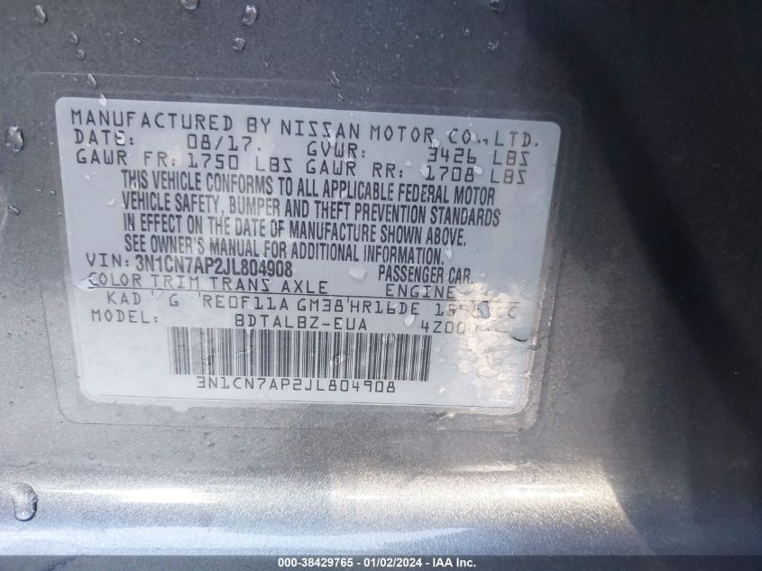 2018 NISSAN VERSA S/S PLUS/SV/SL - 3N1CN7AP2JL804908