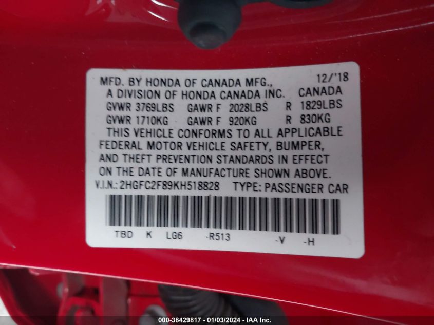 2019 HONDA CIVIC SPORT - 2HGFC2F89KH518828