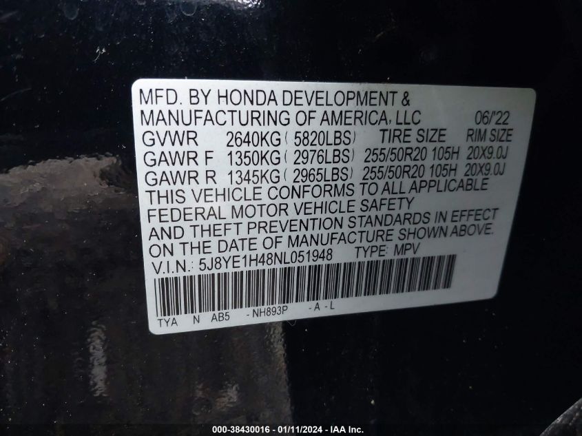 2022 ACURA MDX TECHNOLOGY PACKAGE - 5J8YE1H48NL051948