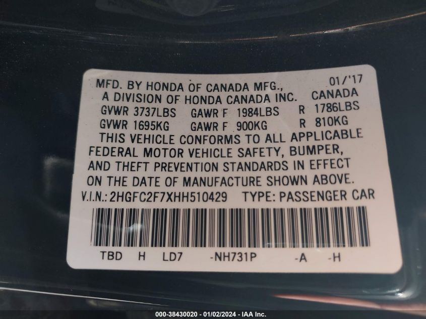 2017 HONDA CIVIC EX - 2HGFC2F7XHH510429