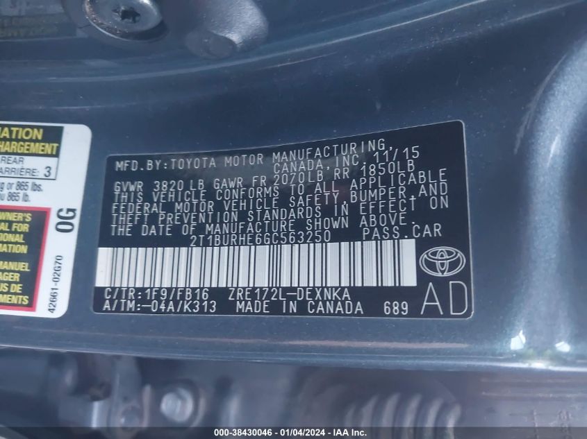 2016 TOYOTA COROLLA LE - 2T1BURHE6GC563250