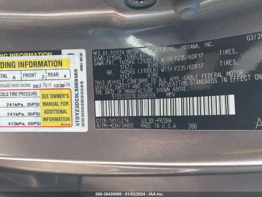 5TDYZ3DC9LS068569 2020 TOYOTA SIENNA, photo no. 9