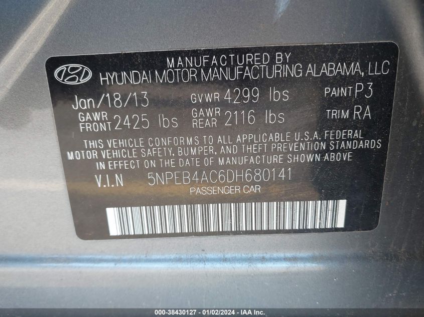 2013 HYUNDAI SONATA GLS - 5NPEB4AC6DH980141