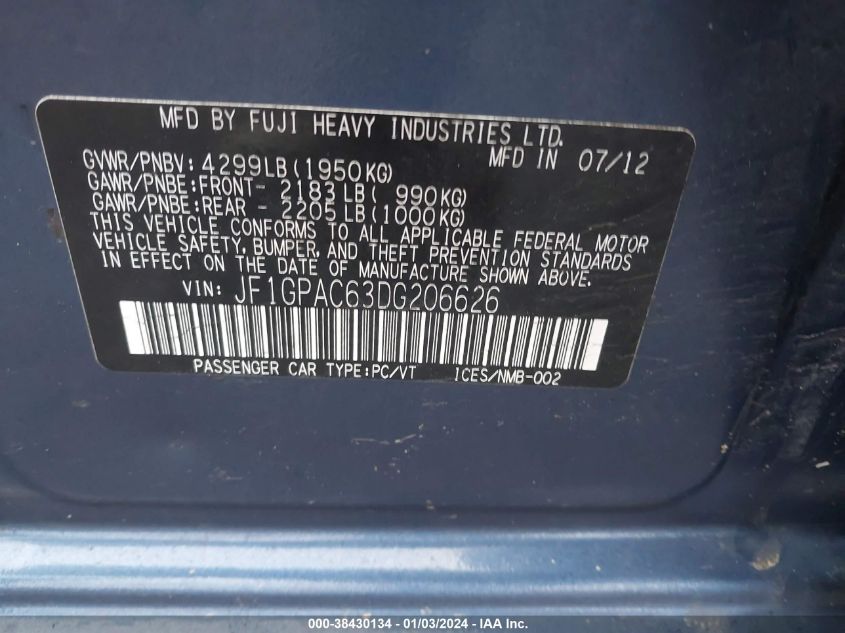 2013 SUBARU IMPREZA 2.0I PREMIUM - JF1GPAC63DG206626