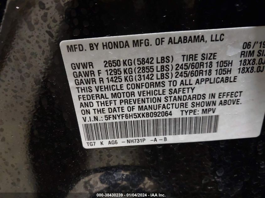 2019 HONDA PILOT EXL - 5FNYF6H5XKB092064