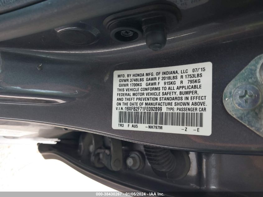 2015 HONDA CIVIC SE - 19XFB2F71FE092899