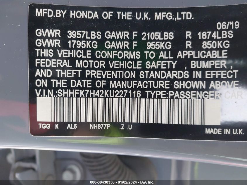 2019 HONDA CIVIC SPORT - SHHFK7H42KU227116